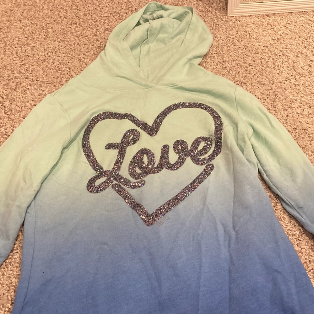 Blue green hoodie, 14/16, Justice, “Love”
